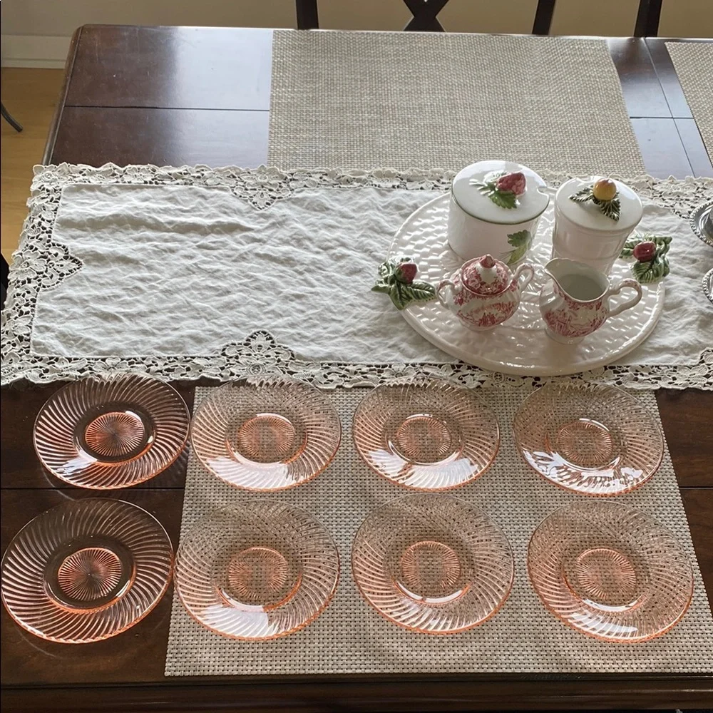 Vintage Set Of 8 Federal Glass “Diana” Pink Saucers!